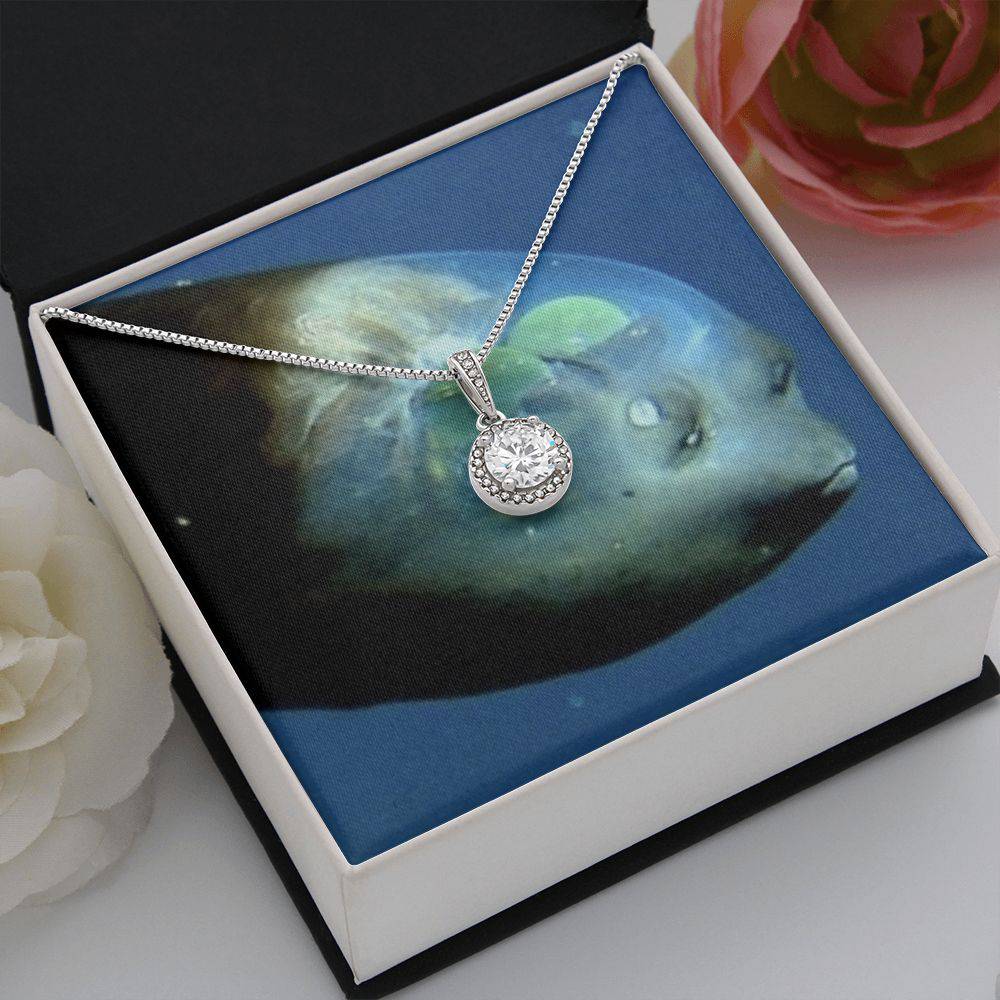 Eternal Hope Necklace featuring a cushion cut cubic zirconia surrounded by accent CZ crystals, elegantly displayed in a soft touch gift box.