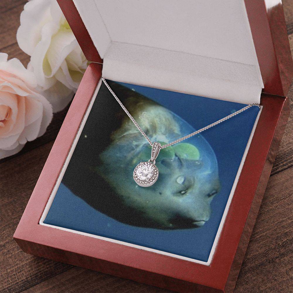 Eternal Hope Necklace featuring a cushion cut cubic zirconia surrounded by accent CZ crystals, elegantly displayed in a soft touch gift box.