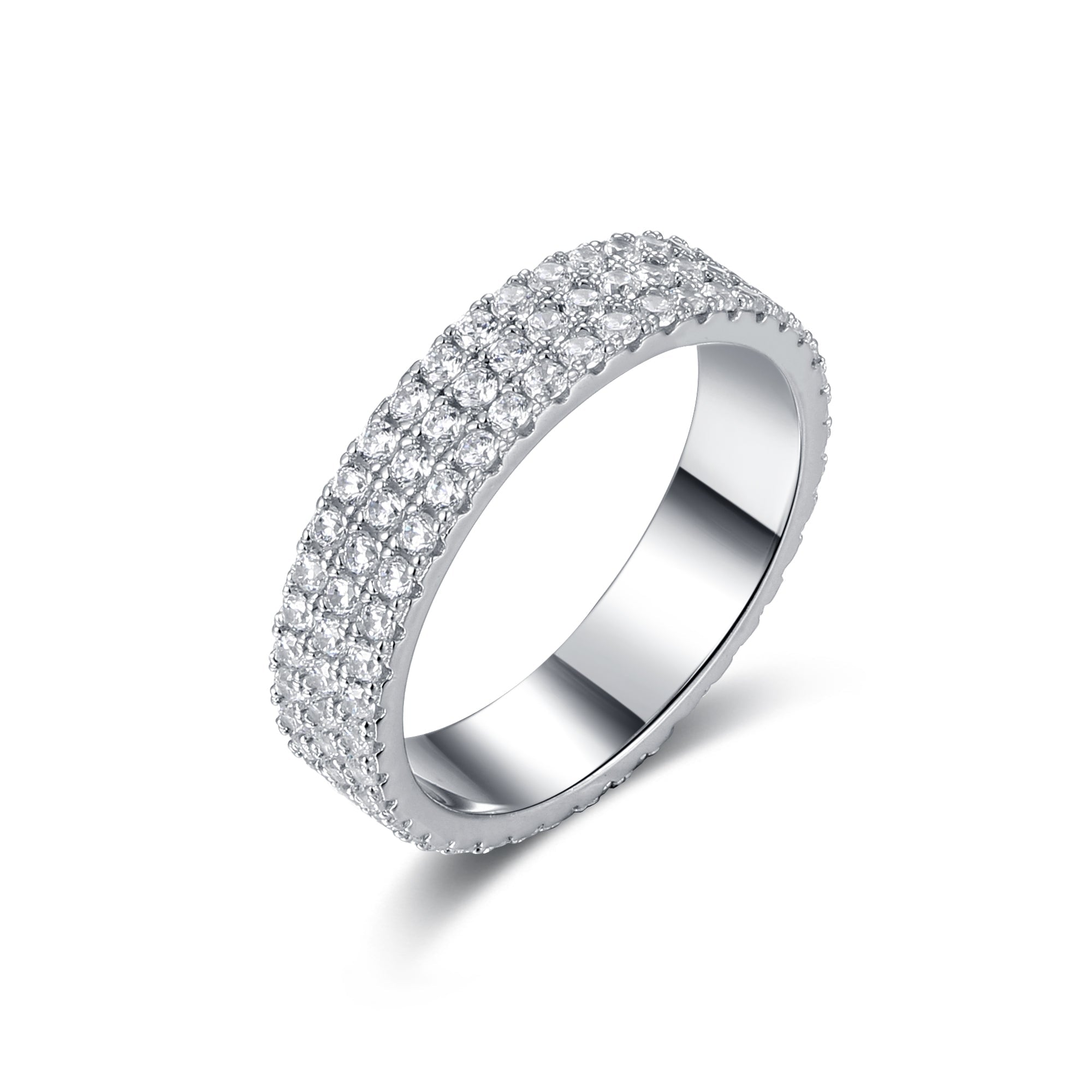 Eternity wedding band made of 925 sterling silver with white gold finish and white sapphire stone, showcasing elegance and durability.