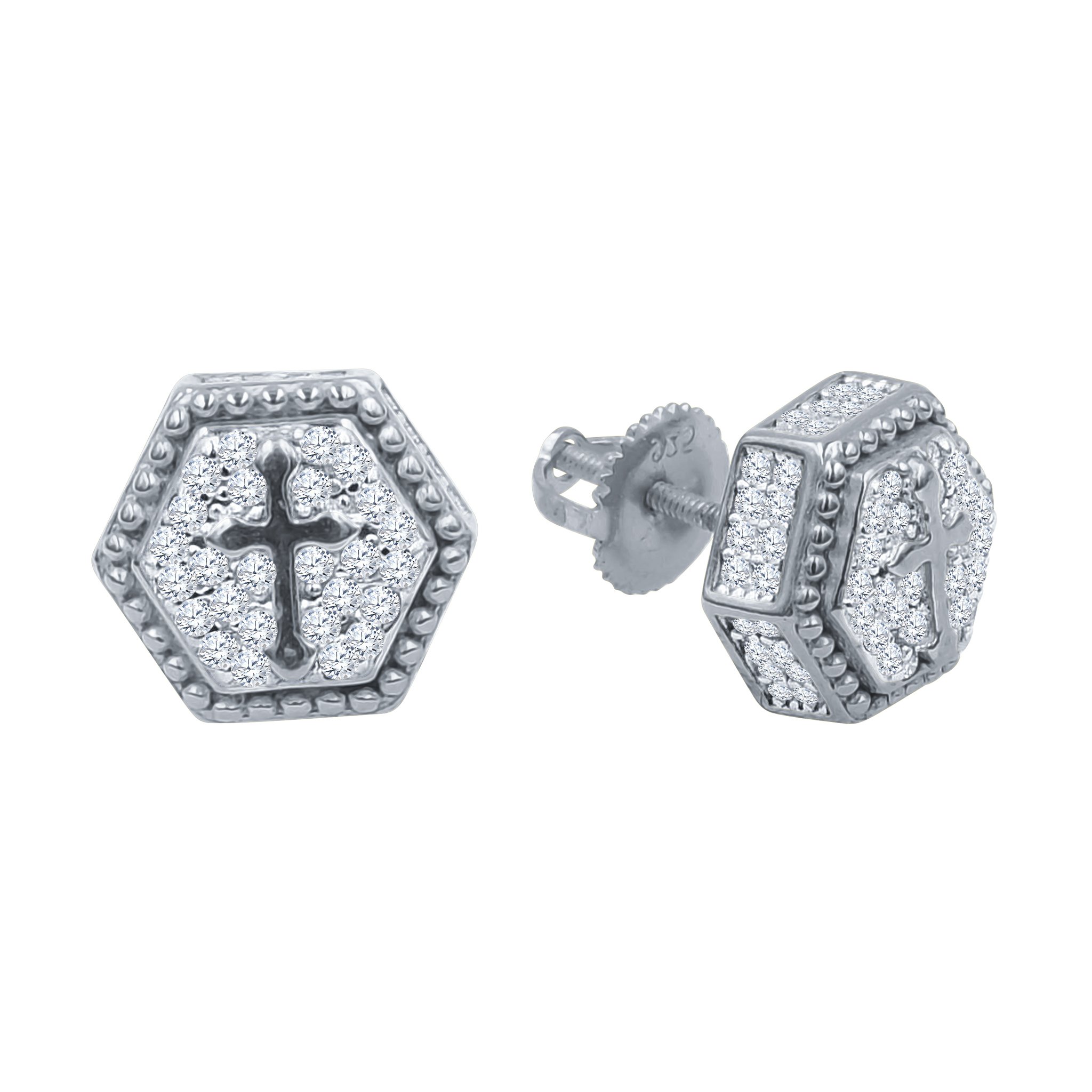 A pair of Ethereal Silver Earrings featuring sparkling cubic zircon stones and a unique cross design, crafted from 925 sterling silver.