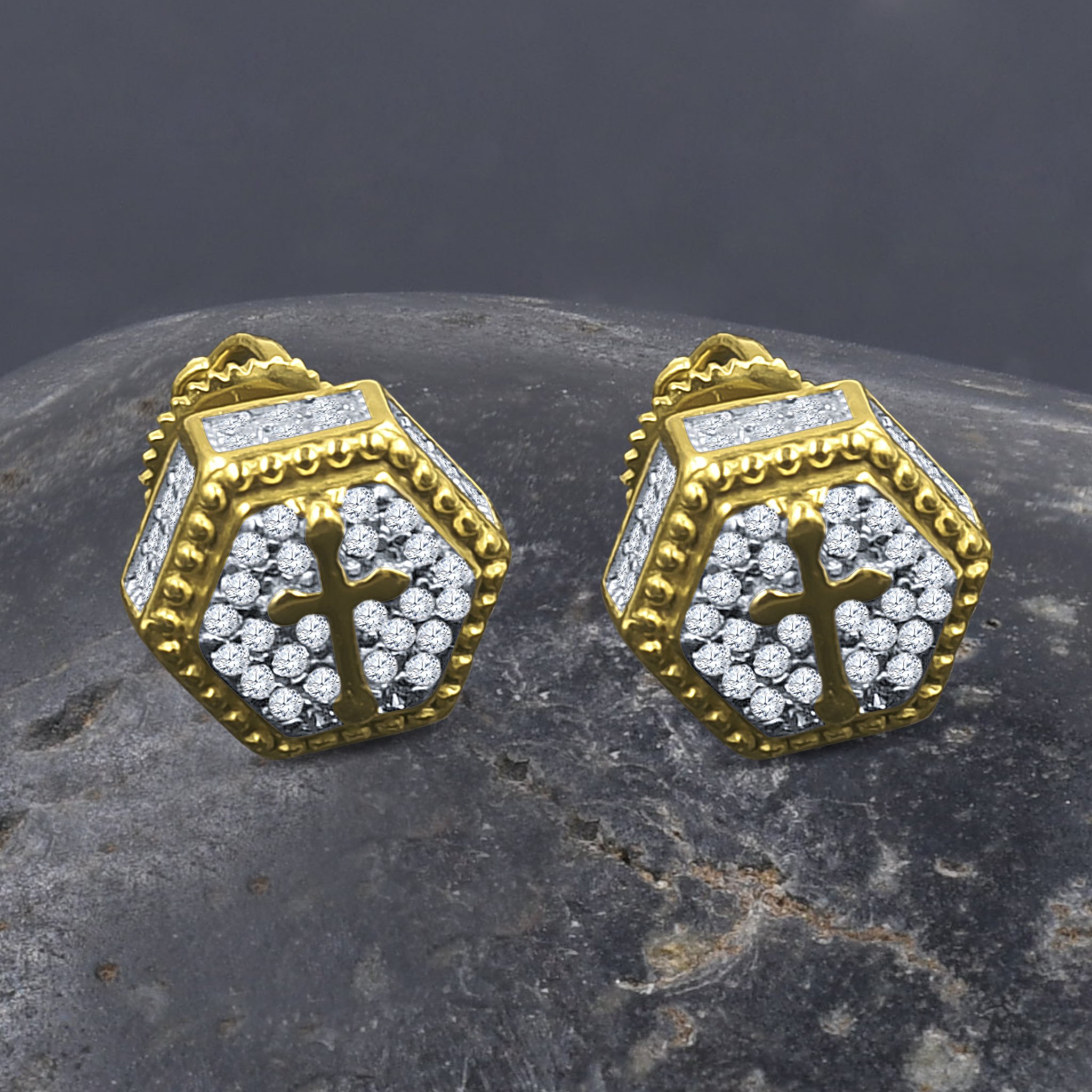 A pair of Ethereal Silver Earrings featuring cubic zircon stones and a cross design, elegantly displayed on a soft background.