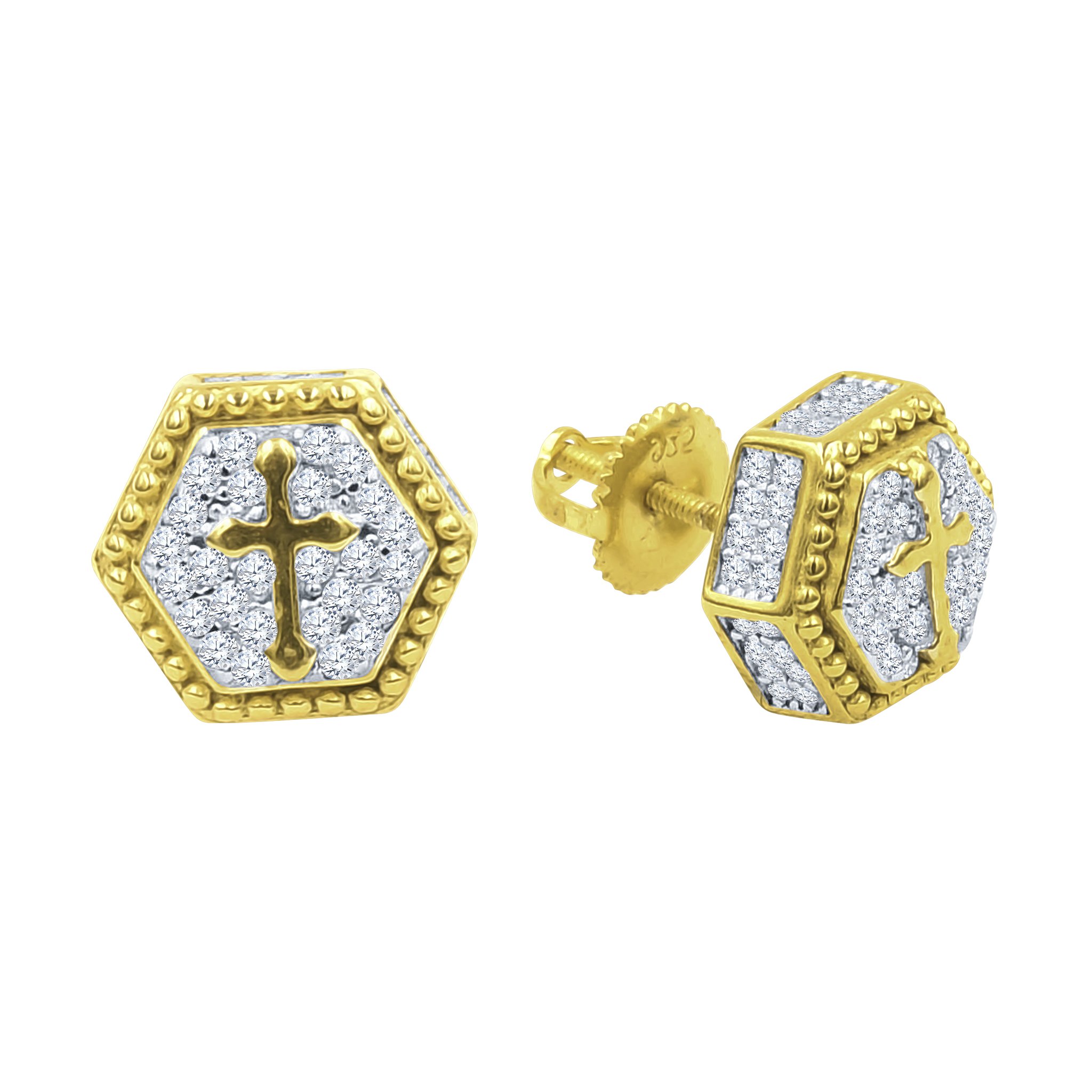 A pair of Ethereal Silver Earrings featuring cubic zircon stones and a cross design, elegantly displayed on a soft background.