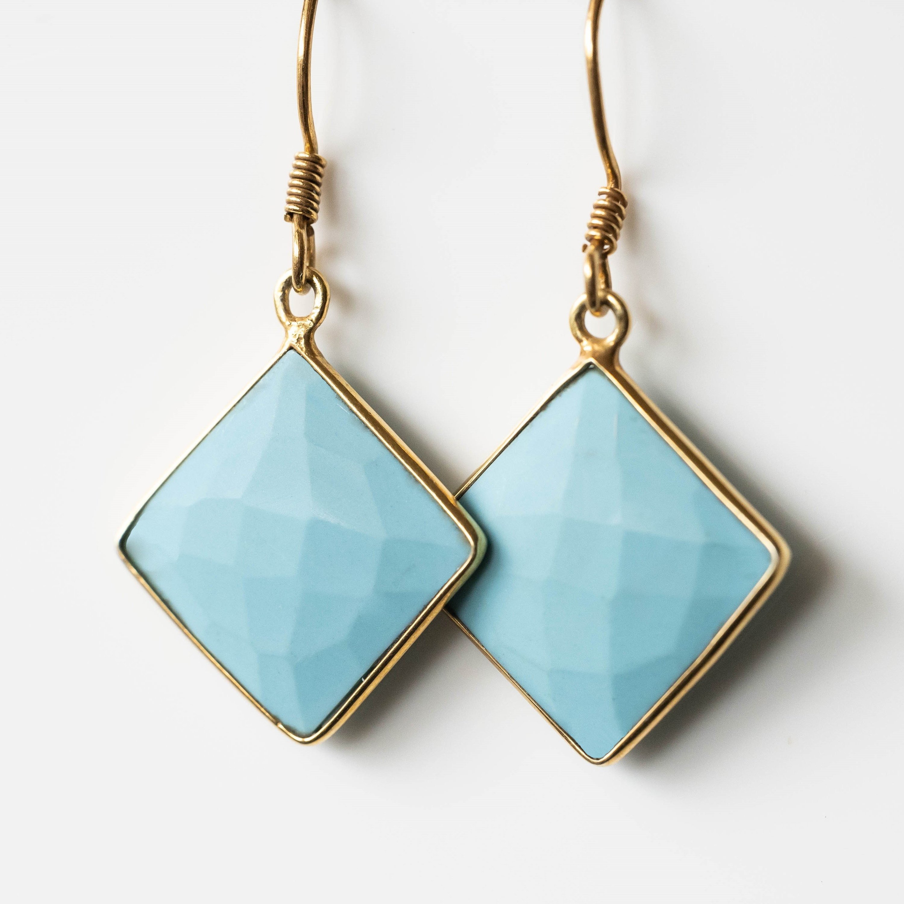 Eugenia Turquoise Square Drop Earrings featuring blue sea turquoise stones set in gold-plated sterling silver.