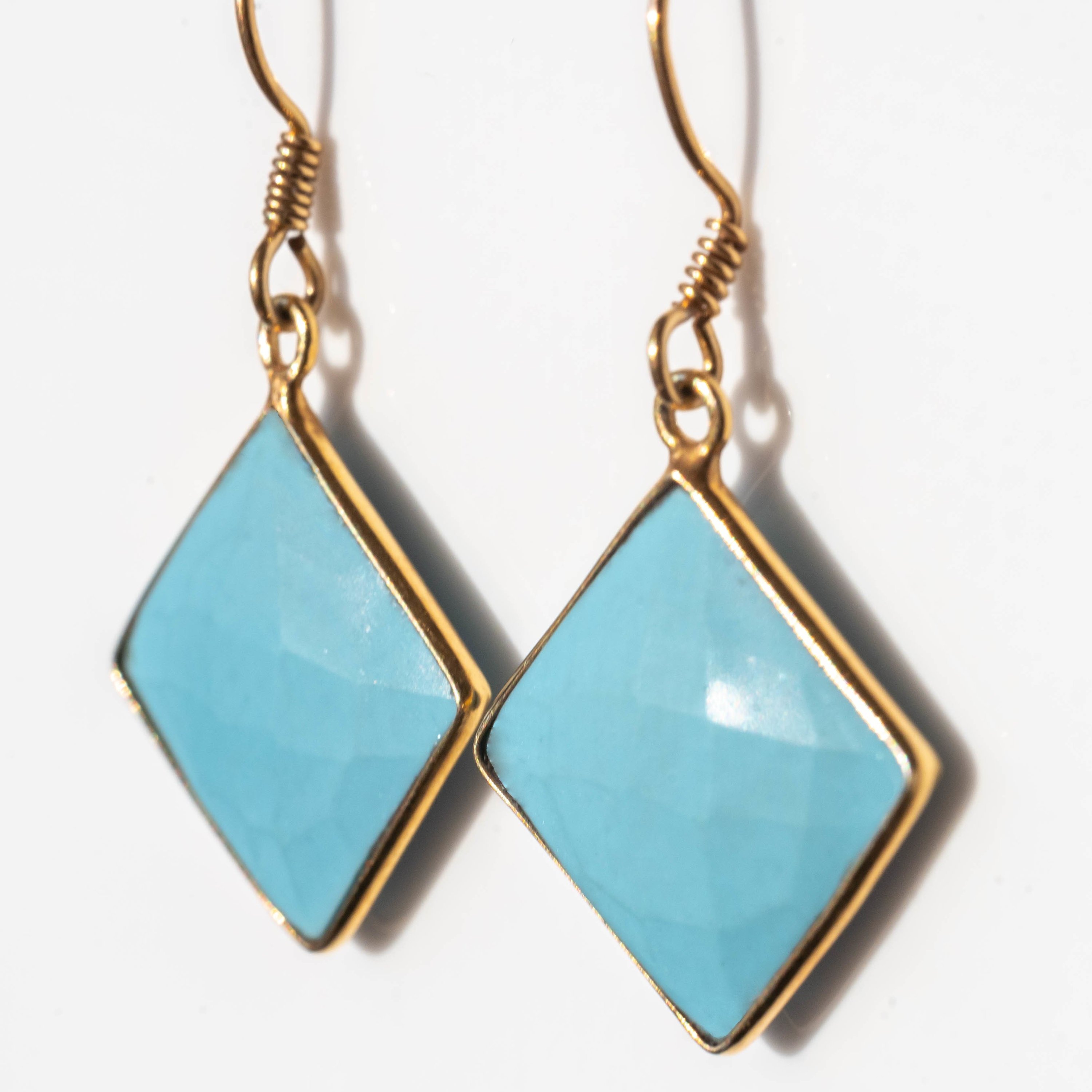 Eugenia Turquoise Square Drop Earrings featuring blue sea turquoise stones set in gold-plated sterling silver.