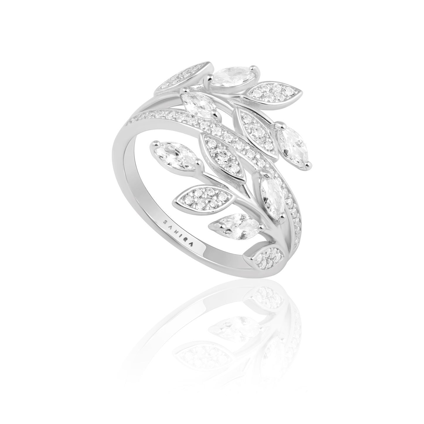 Eve CZ Wrap Ring featuring a leaf design with sparkling CZ stones and 14k gold plating over sterling silver.