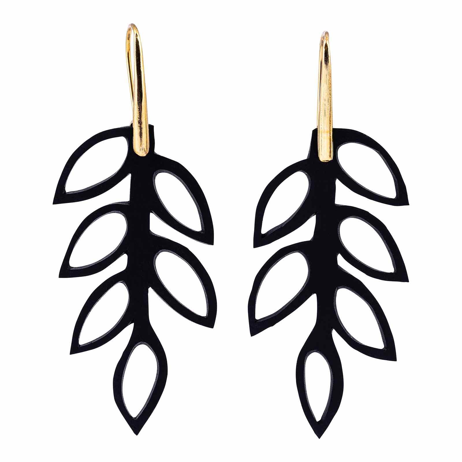 Elegant Evergreen Leaf Recycled Rubber Earrings handcrafted from reclaimed tyre inner tubes with gold plated hooks.