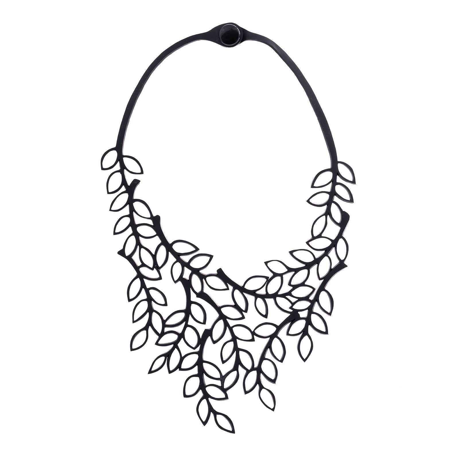 Evergreen Leaf Recycled Rubber Necklace handcrafted from reclaimed tire inner tubes, featuring a unique leaf design.