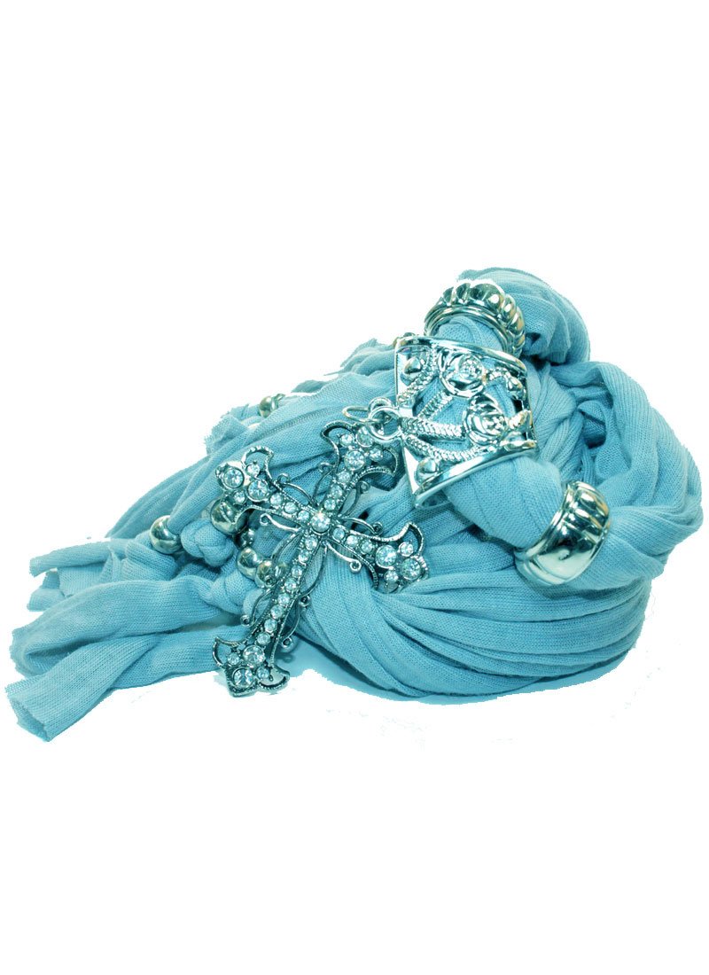 Everyday Turquoise Cross Pendant Scarf featuring a large antique silver-tone cross pendant and sparkling crystals on a vibrant turquoise background.