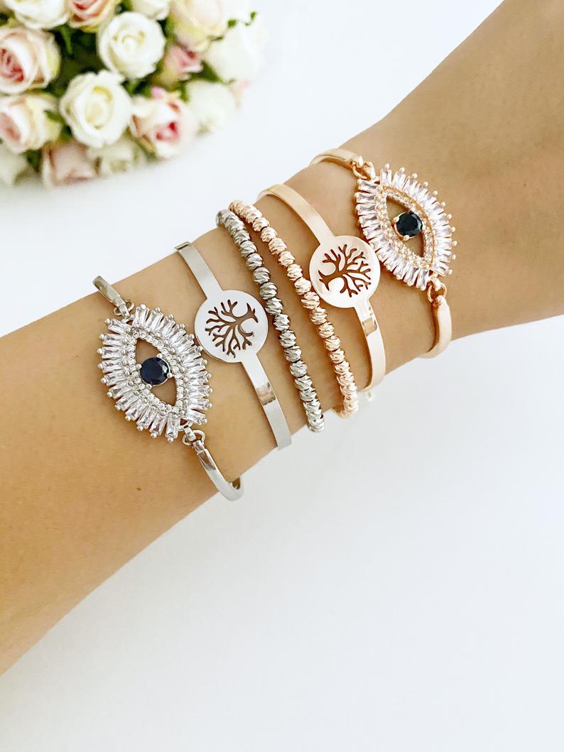 Evil Eye Baguette Bracelet in rose gold featuring a tree of life design, handmade with adjustable stainless steel material.