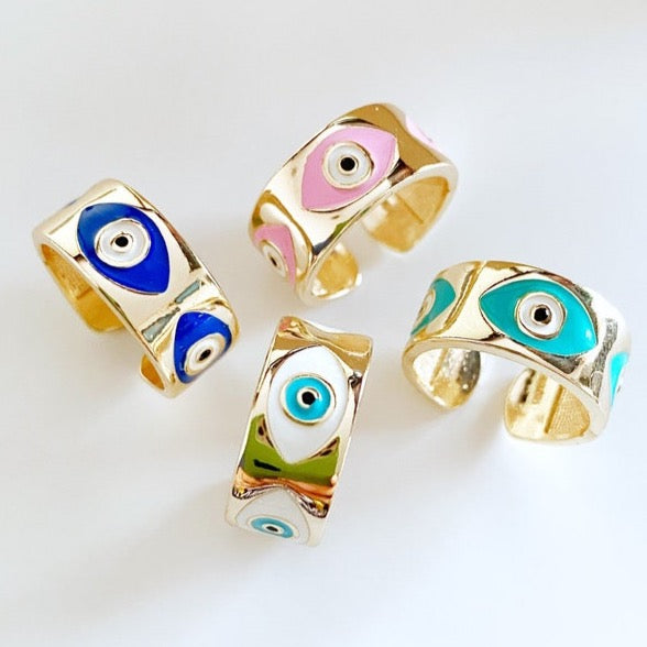 Gold wide adjustable Evil Eye Band Ring featuring colorful eye charms, symbolizing protection and style.