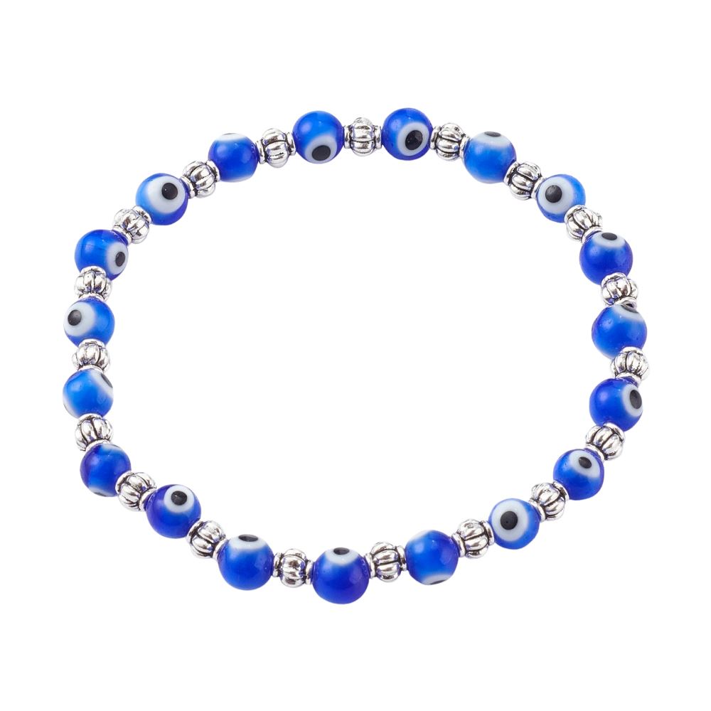 Evil Eye Beaded Stretch Bracelet featuring blue beads and alloy spacer beads, symbolizing protection and good luck.