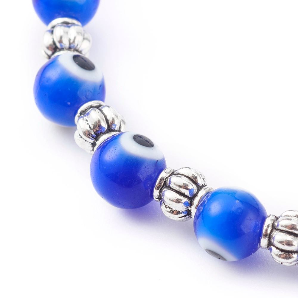 Evil Eye Beaded Stretch Bracelet featuring blue beads and alloy spacer beads, symbolizing protection and good luck.