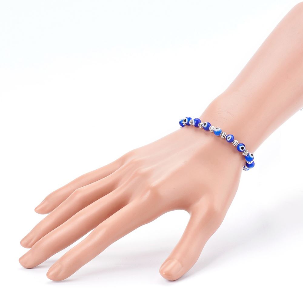 Evil Eye Beaded Stretch Bracelet featuring blue beads and alloy spacer beads, symbolizing protection and good luck.