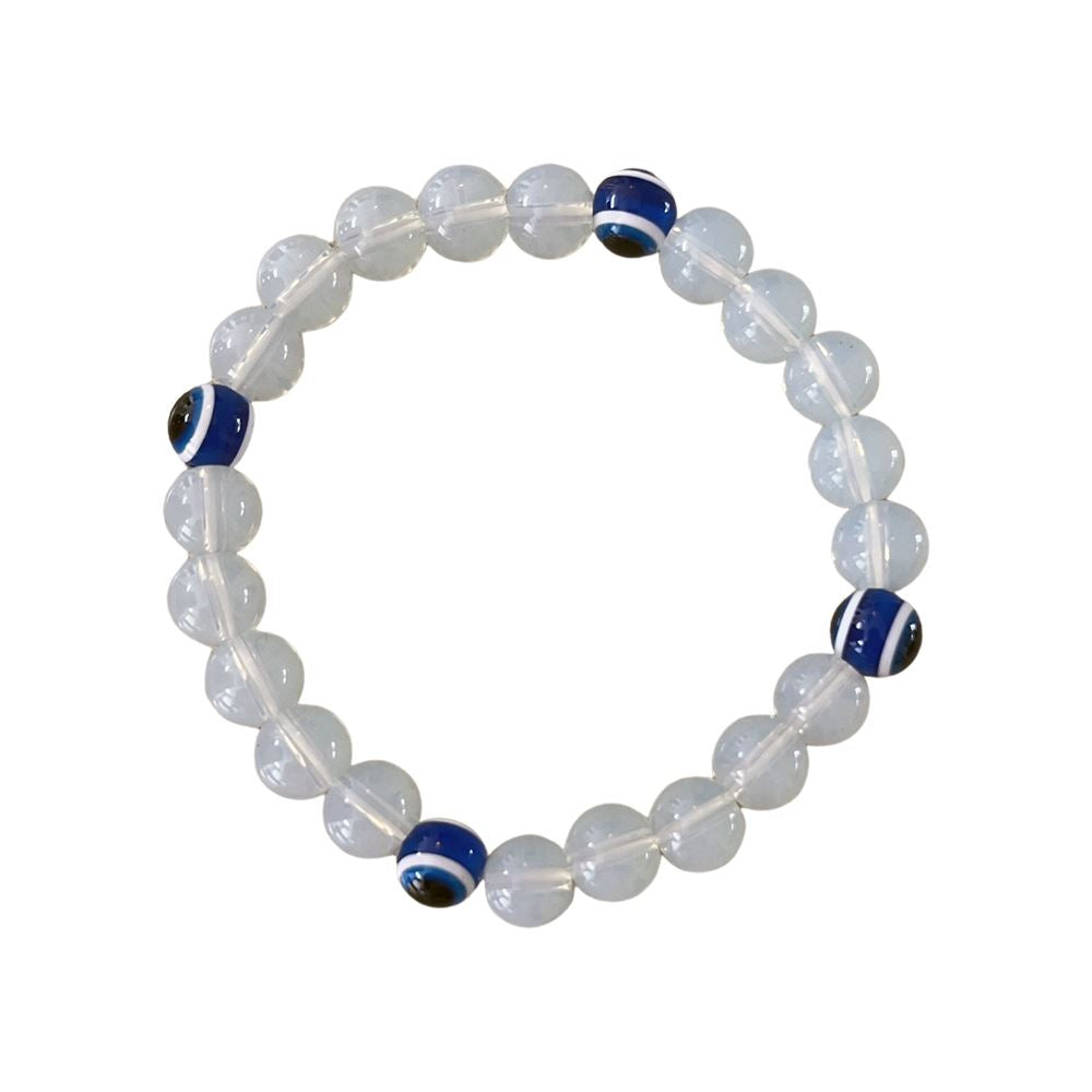 Evil Eye Beaded Stretch Bracelet featuring opalite beads, symbolizing protection and good luck, elegantly displayed on a soft surface.