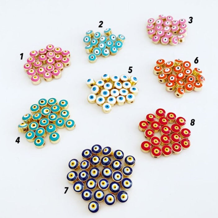 A collection of BULK Evil Eye Beads in various colors, showcasing their 7mm size and intricate designs, perfect for DIY jewelry making.