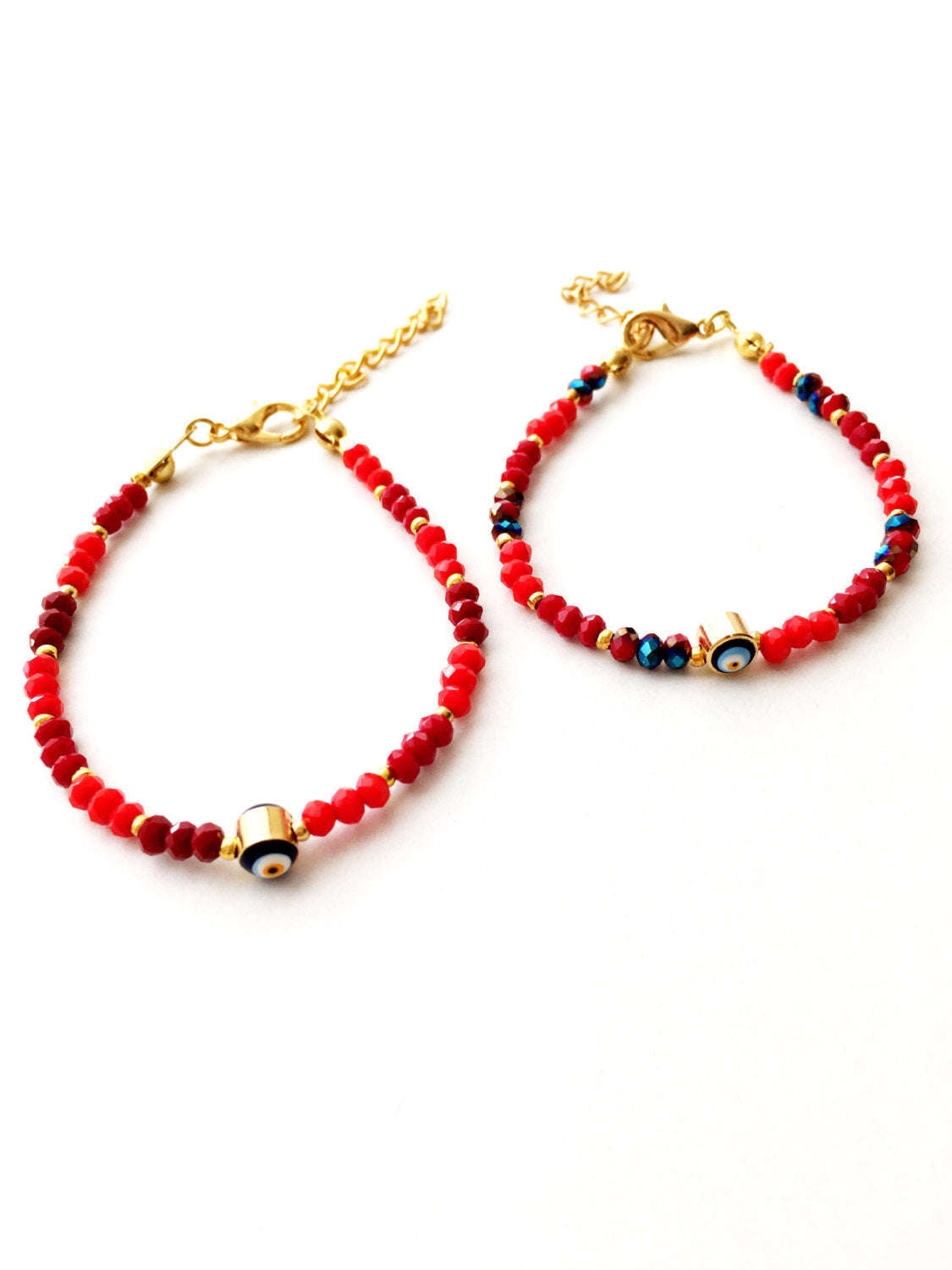 Handmade Evil Eye Bracelet featuring red Miyuki seed beads, symbolizing protection and luck.