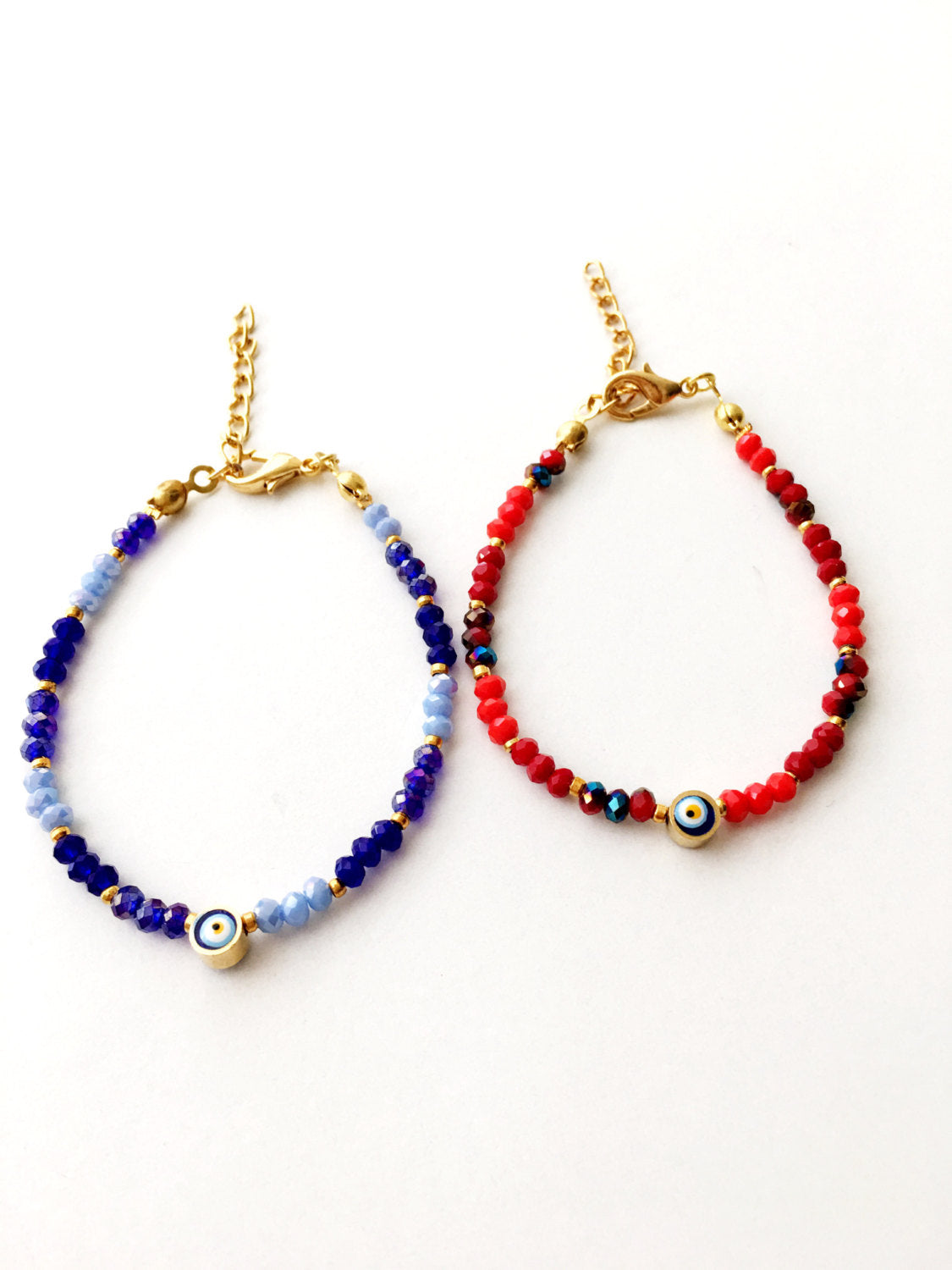 Handmade Evil Eye Bracelet featuring red Miyuki seed beads, symbolizing protection and luck.