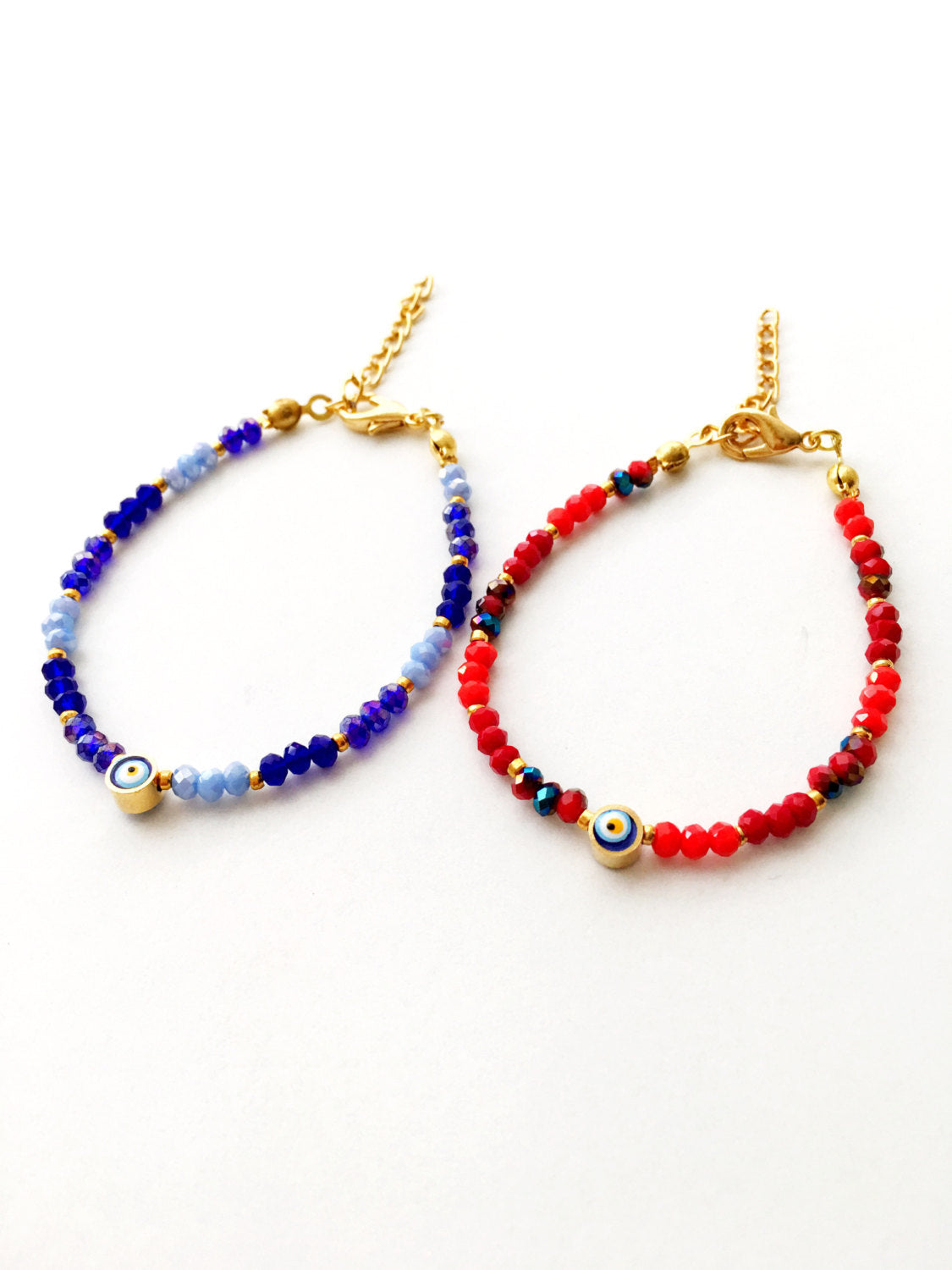 Handmade Evil Eye Bracelet featuring red Miyuki seed beads, symbolizing protection and luck.