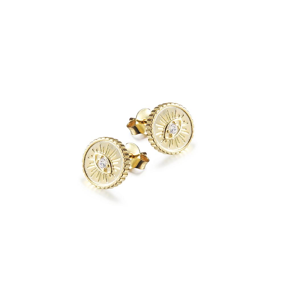 A pair of elegant Evil Eye Coin Stud Earrings made from surgical stainless steel with 14K gold plating, featuring a protective evil eye design.