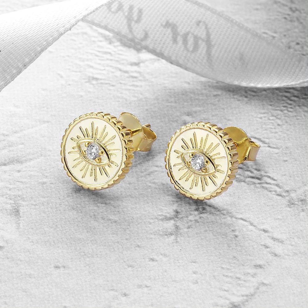 A pair of elegant Evil Eye Coin Stud Earrings made from surgical stainless steel with 14K gold plating, featuring a protective evil eye design.