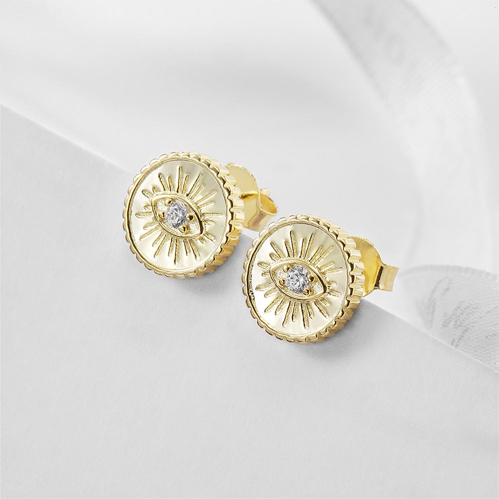 A pair of elegant Evil Eye Coin Stud Earrings made from surgical stainless steel with 14K gold plating, featuring a protective evil eye design.