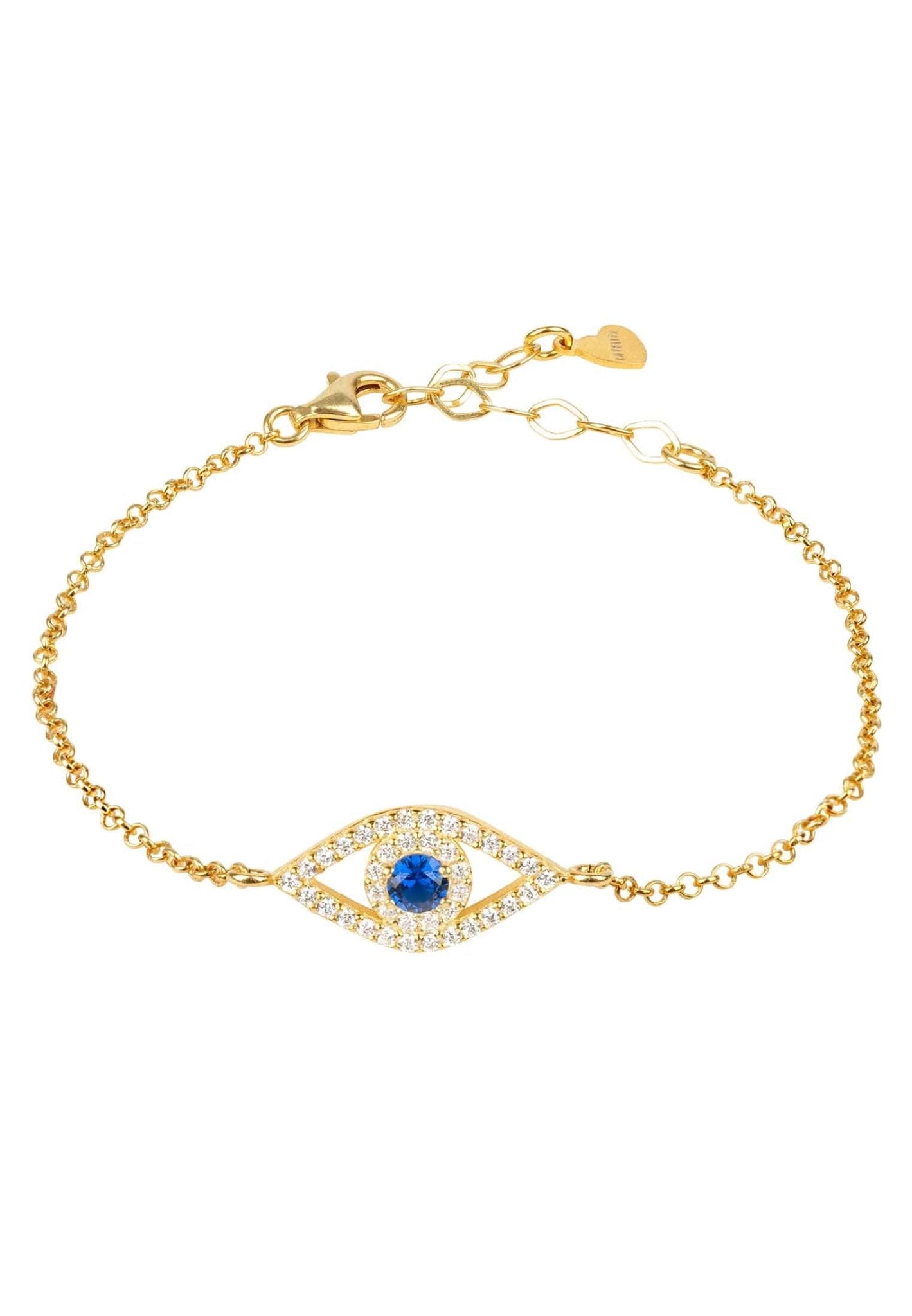 Evil Eye Elliptical Bracelet in blue and gold, featuring a delicate design with a sapphire blue zircon and white zircons on a sterling silver chain.