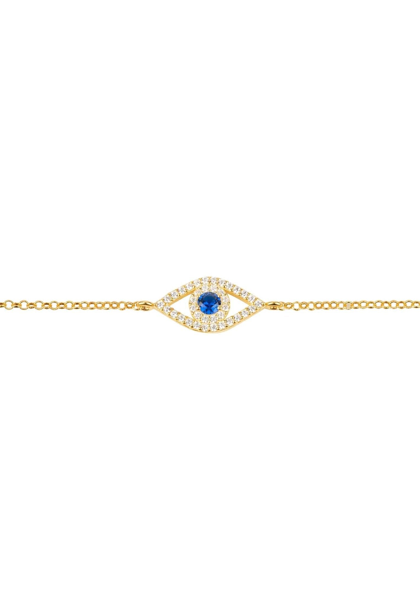 Evil Eye Elliptical Bracelet in blue and gold, featuring a delicate design with a sapphire blue zircon and white zircons on a sterling silver chain.