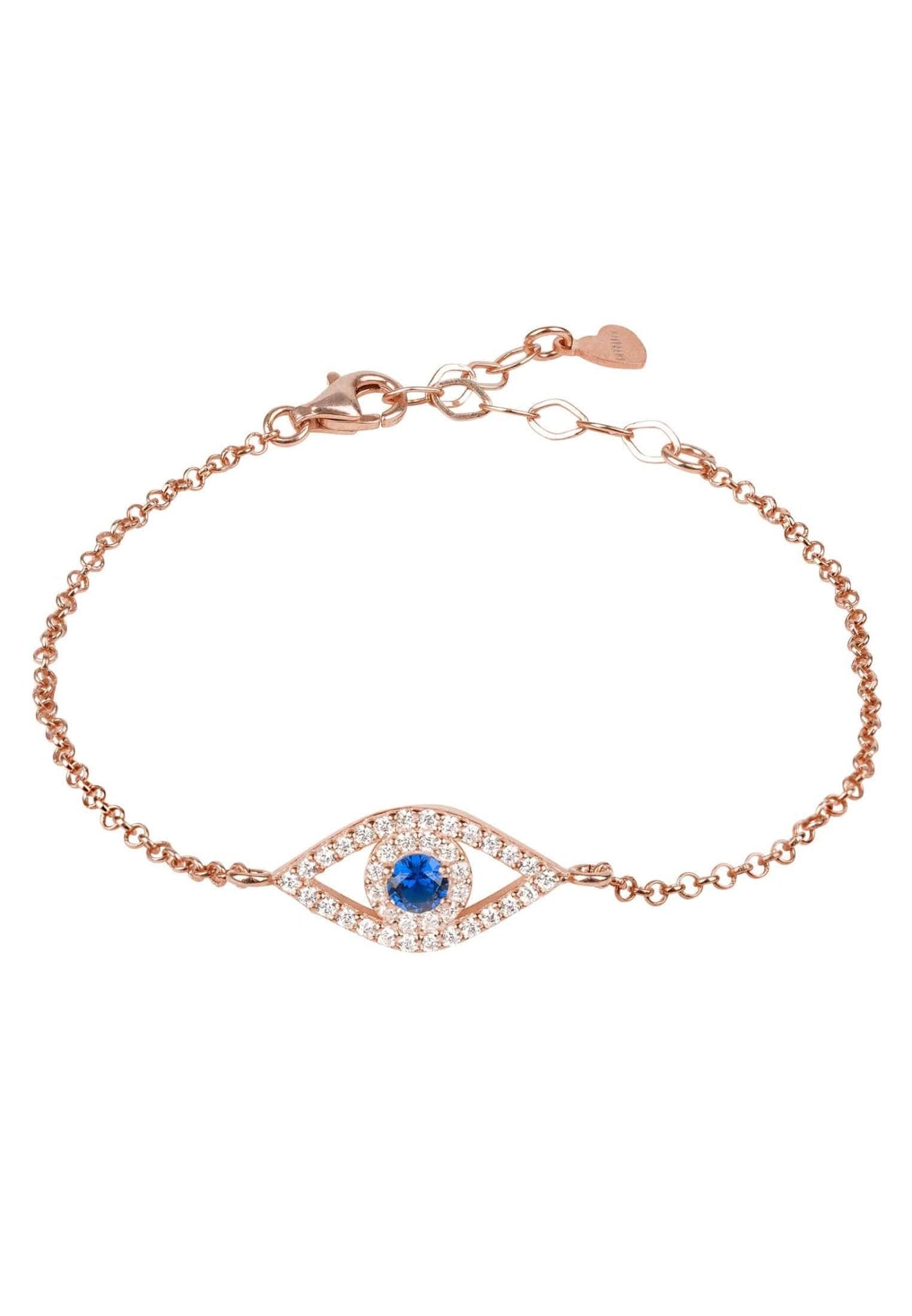 Evil Eye Elliptical Bracelet in Blue Rosegold, handcrafted with sterling silver and adorned with white and sapphire blue zircons.