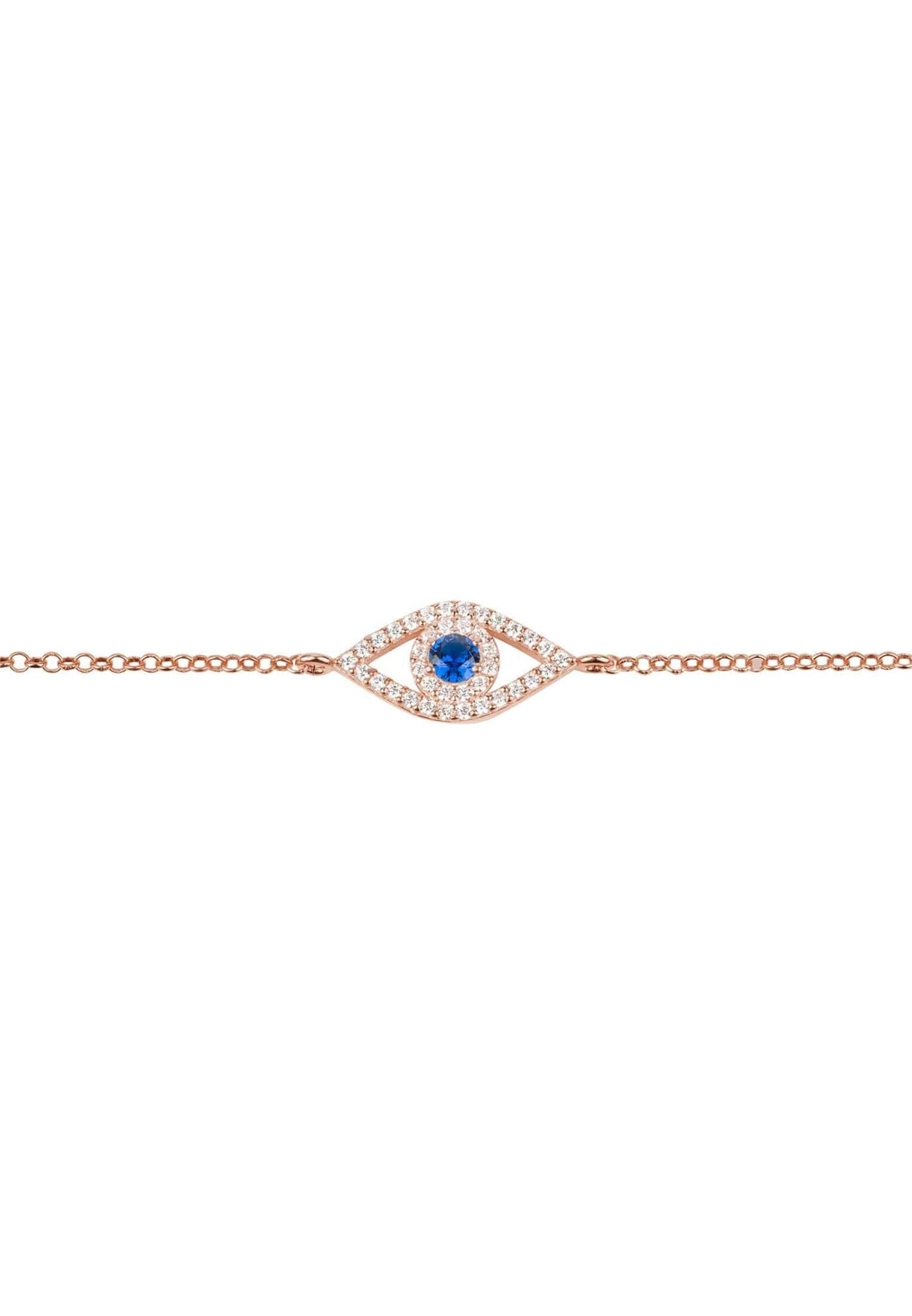 Evil Eye Elliptical Bracelet in Blue Rosegold, handcrafted with sterling silver and adorned with white and sapphire blue zircons.