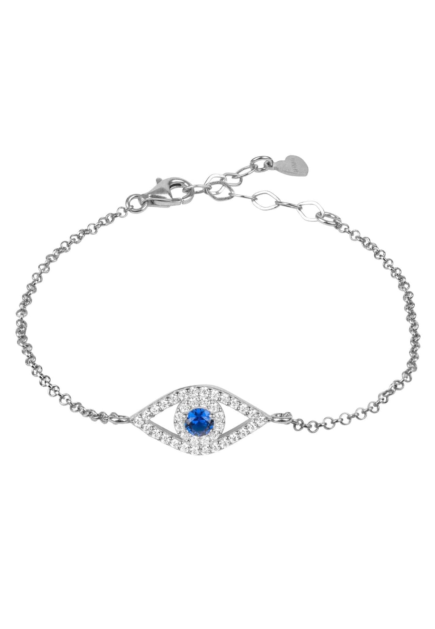 Evil Eye Elliptical Bracelet in blue and silver, featuring a delicate design with sapphire blue zircon and cubic zirconia accents.