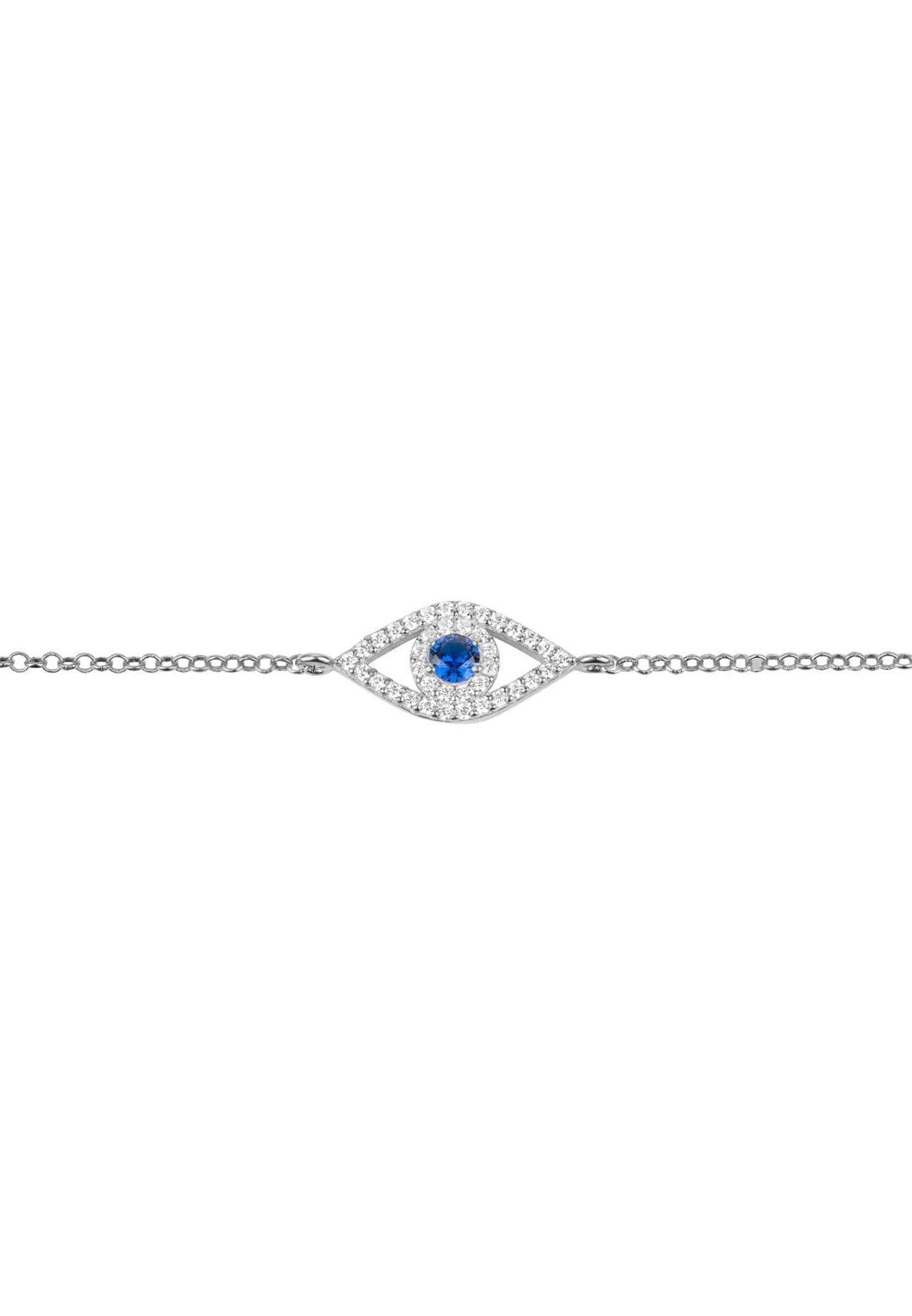 Evil Eye Elliptical Bracelet in blue and silver, featuring a delicate design with sapphire blue zircon and cubic zirconia accents.