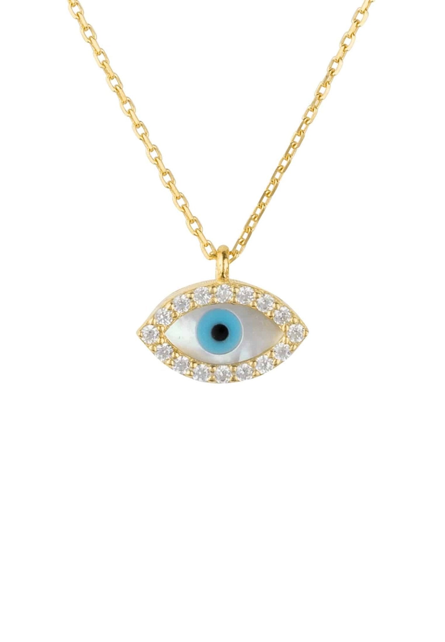 Evil Eye Elliptical Mother Of Pearl Necklace in gold with delicate design and sparkling white zircons.