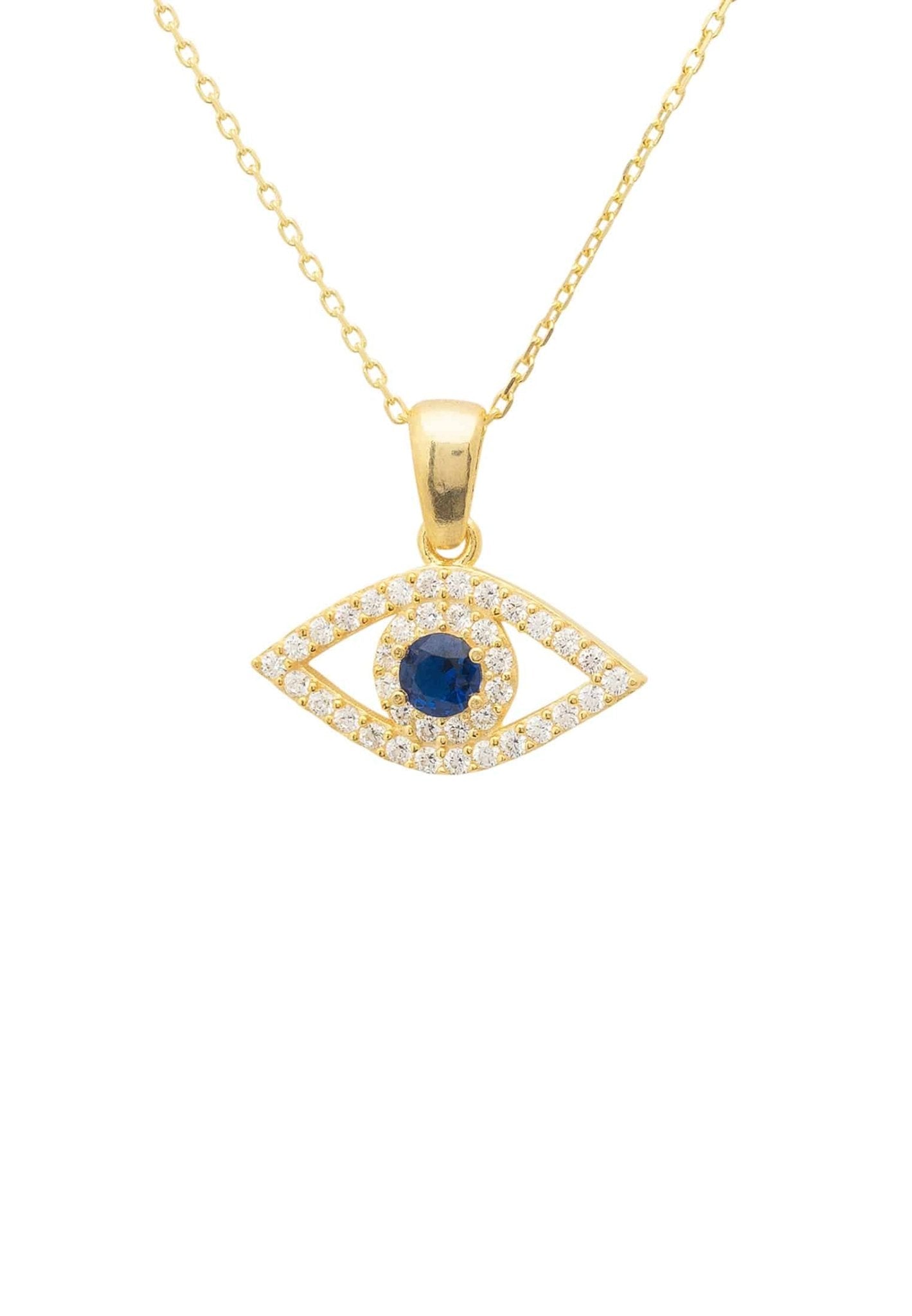 Evil Eye Elliptical Necklace featuring blue zircon and gold accents, handcrafted in sterling silver.