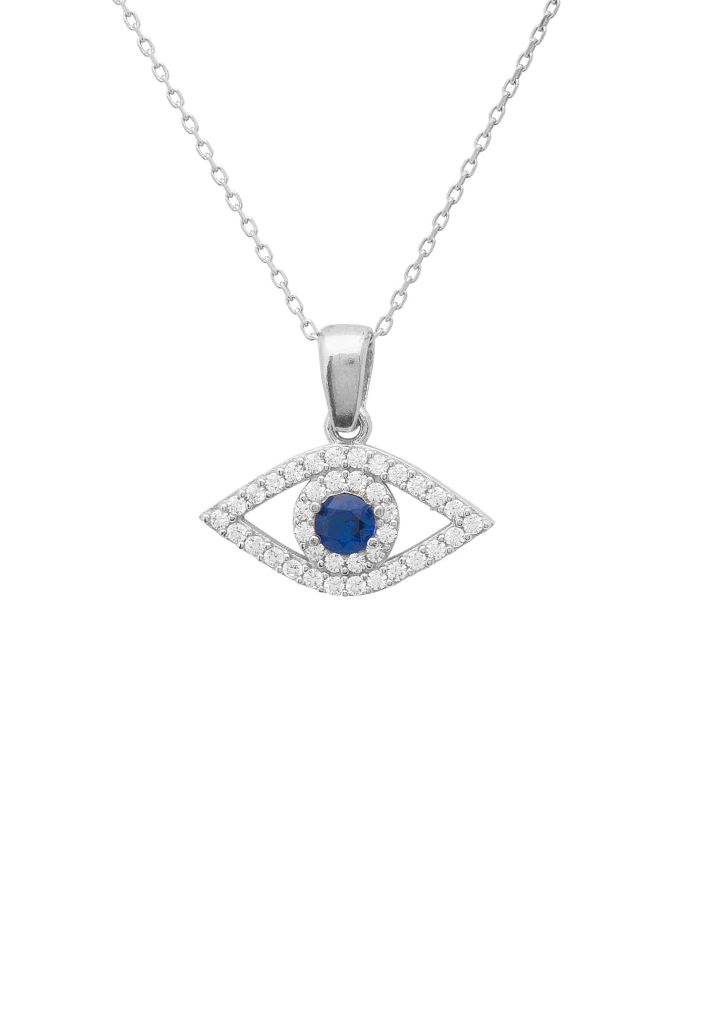 Evil Eye Elliptical Necklace in blue and silver, featuring a sapphire blue zircon and white zircons on a delicate sterling silver chain.