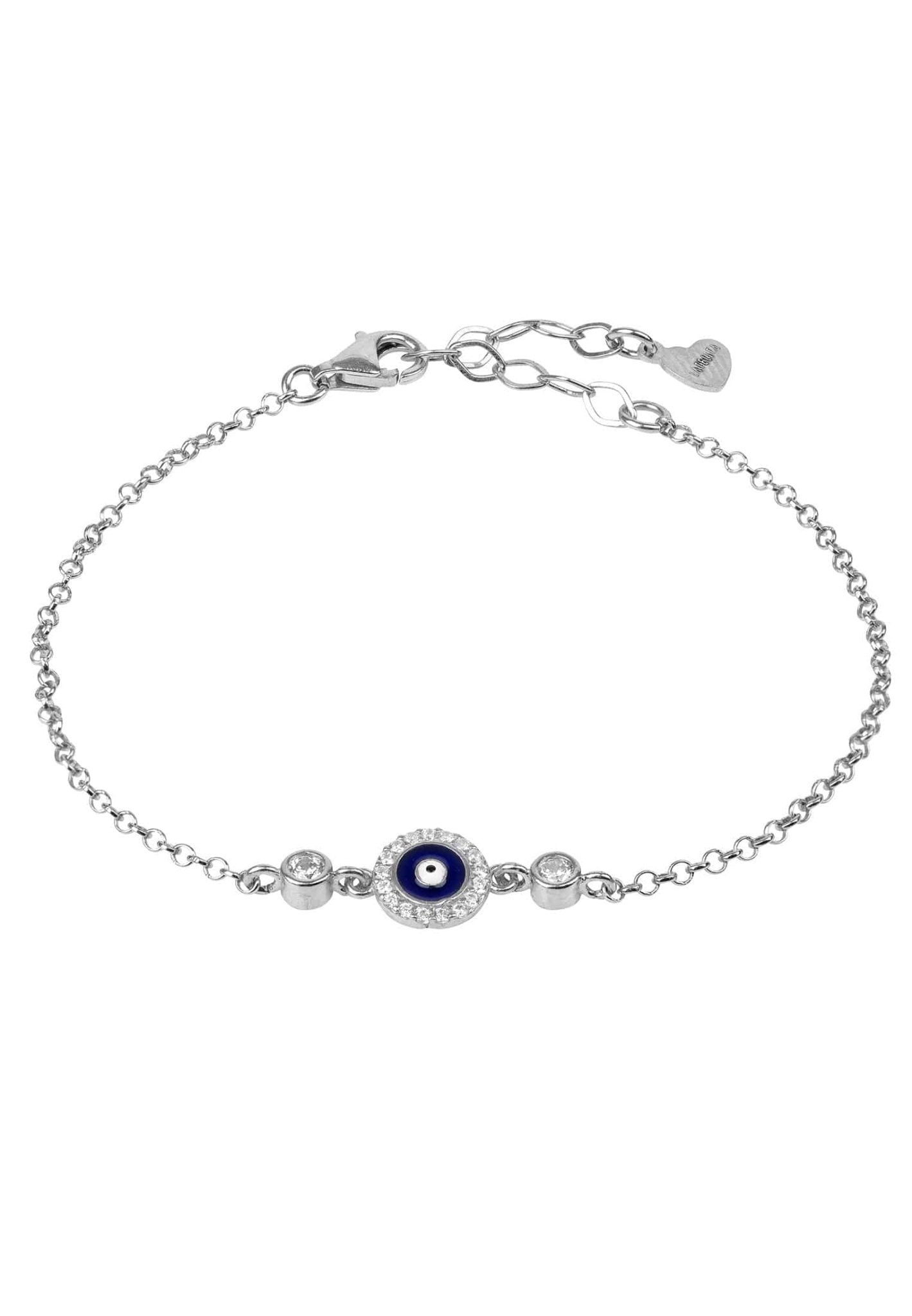 Evil Eye Enamel Dark Blue Bracelet made of 925 sterling silver with white zircons, featuring a protective evil eye symbol.