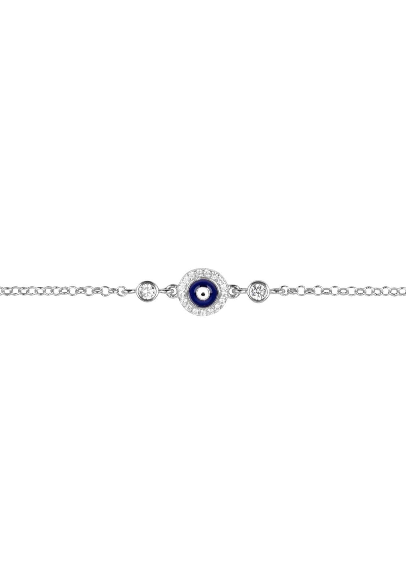 Evil Eye Enamel Dark Blue Bracelet made of 925 sterling silver with white zircons, featuring a protective evil eye symbol.