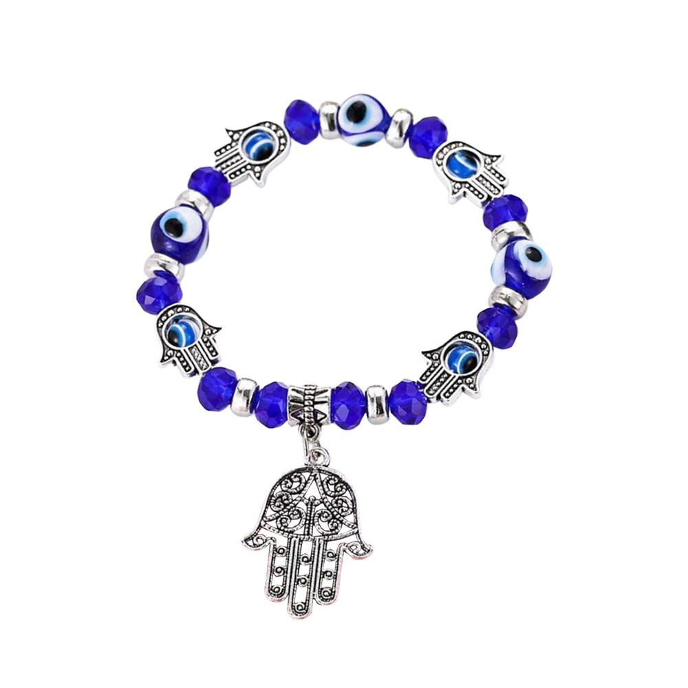 A blue Evil Eye and Hamsa bracelet featuring intricate designs symbolizing protection and good luck.