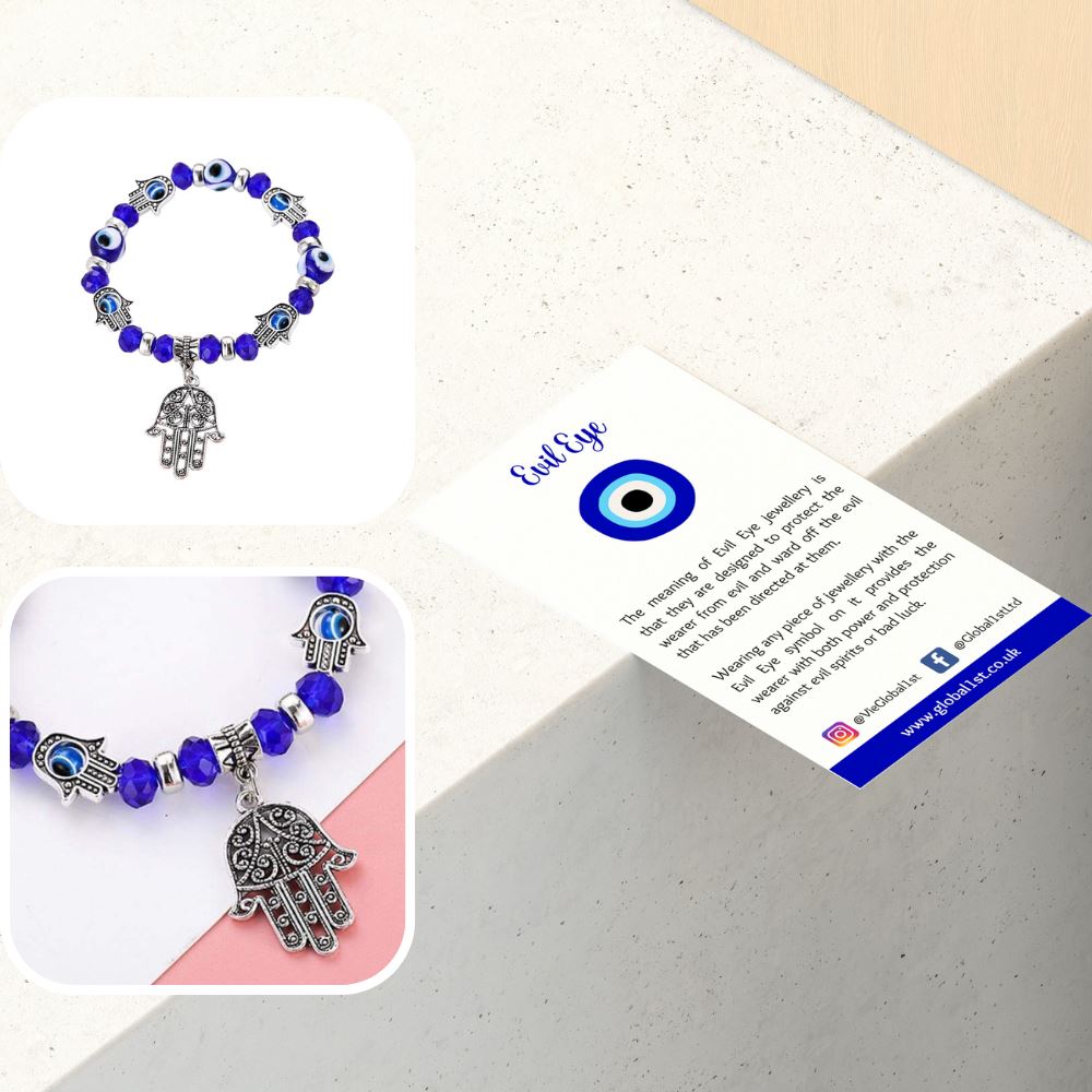 A blue Evil Eye and Hamsa bracelet featuring intricate designs symbolizing protection and good luck.