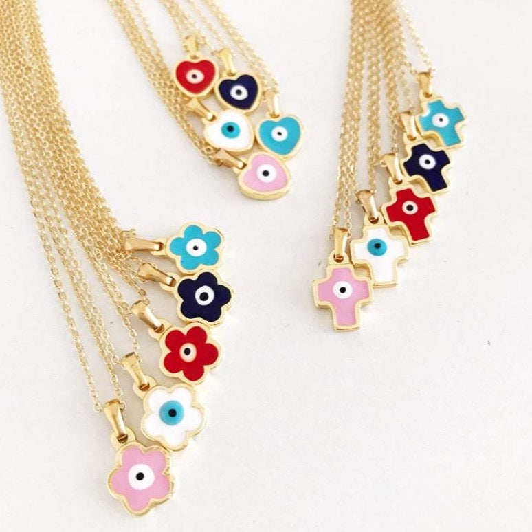 Handmade Evil Eye Necklace featuring customizable flower, heart, and cross charms in vibrant colors.