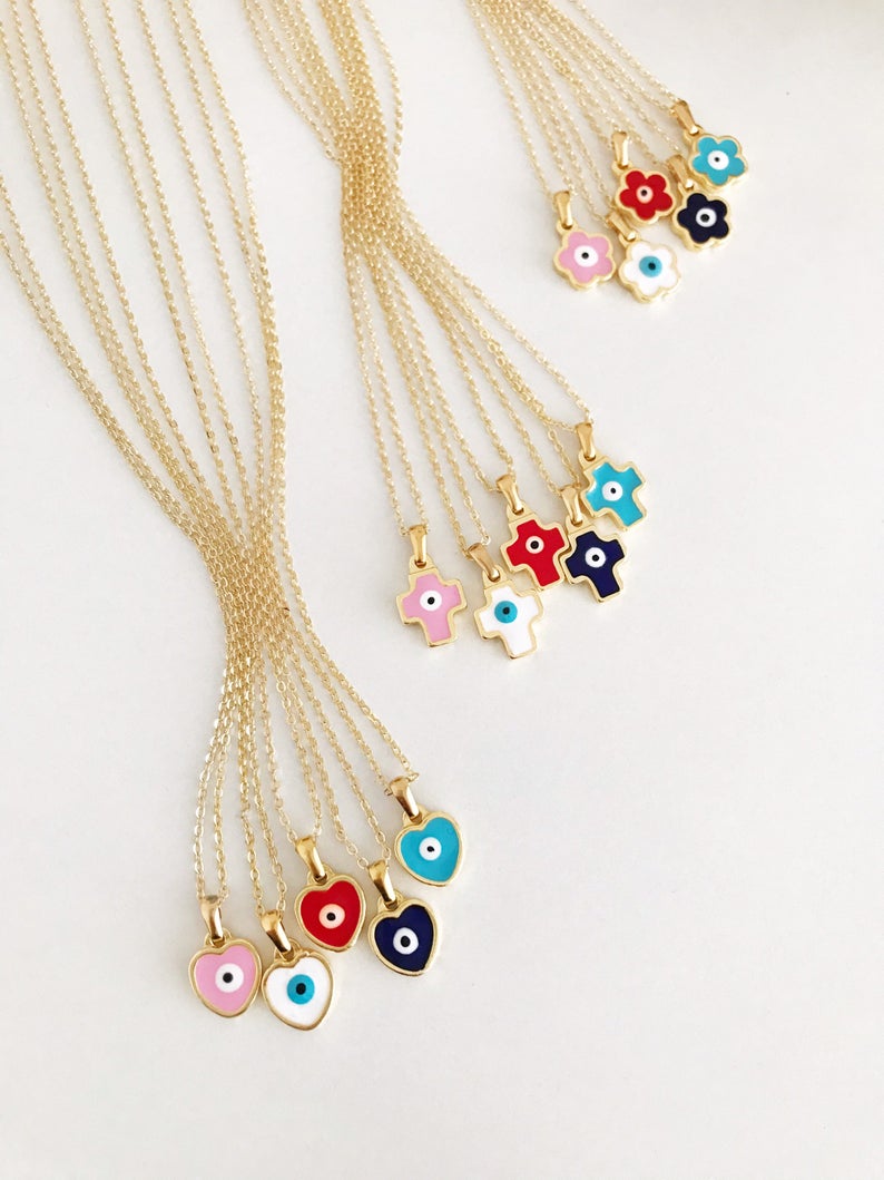 Handmade Evil Eye Necklace featuring customizable flower, heart, and cross charms in vibrant colors.