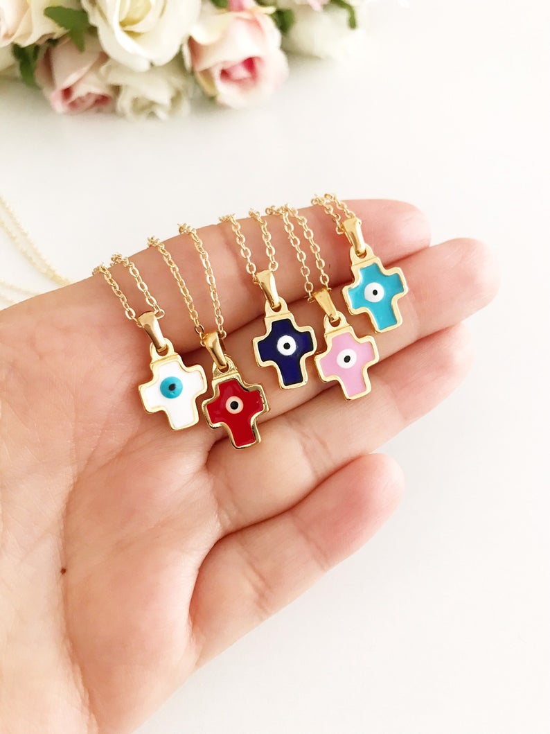 Handmade Evil Eye Necklace featuring customizable flower, heart, and cross charms in vibrant colors.