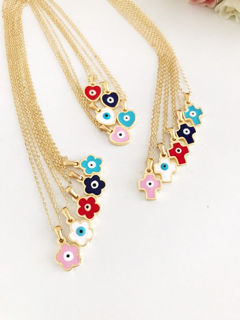 Handmade Evil Eye Necklace featuring customizable flower, heart, and cross charms in vibrant colors.