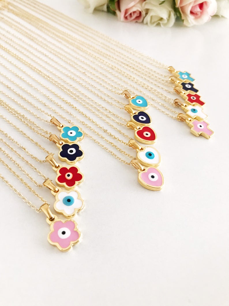 Handmade Evil Eye Necklace featuring customizable flower, heart, and cross charms in vibrant colors.