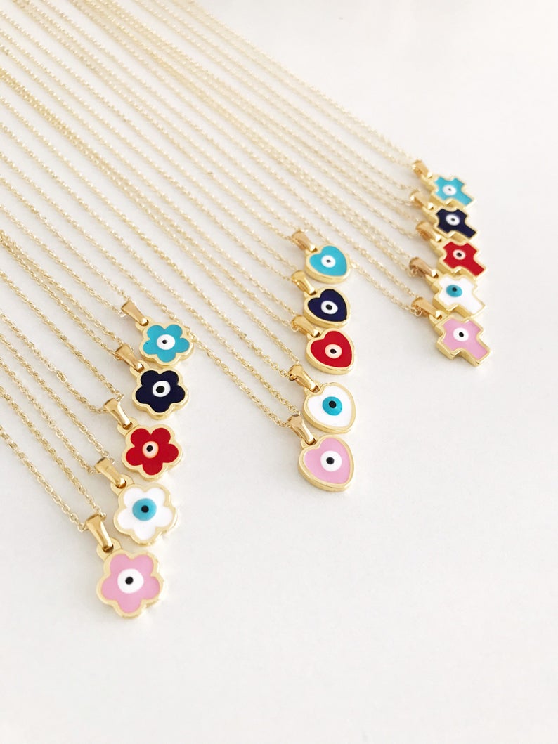 Handmade Evil Eye Necklace featuring customizable flower, heart, and cross charms in vibrant colors.