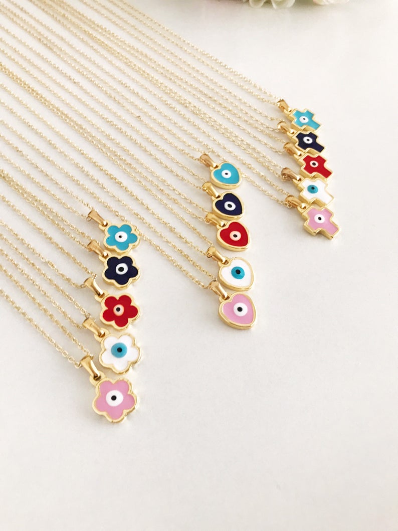 Handmade Evil Eye Necklace featuring customizable flower, heart, and cross charms in vibrant colors.