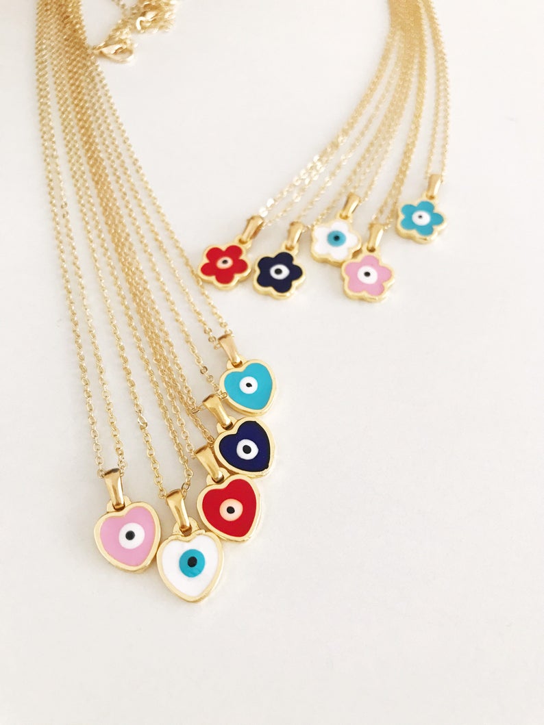 Handmade Evil Eye Necklace featuring customizable flower, heart, and cross charms in vibrant colors.