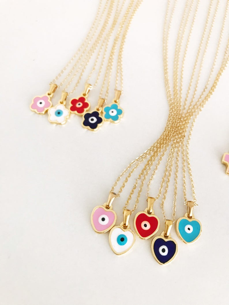 Handmade Evil Eye Necklace featuring customizable flower, heart, and cross charms in vibrant colors.