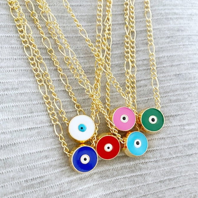 Handmade Evil Eye Necklace featuring a multicolor enamel eye charm on a gold long chain, perfect for gifting.