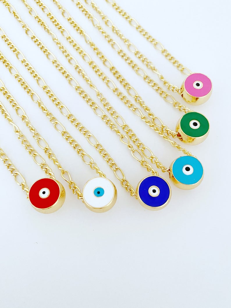 Handmade Evil Eye Necklace featuring a multicolor enamel eye charm on a gold long chain, perfect for gifting.