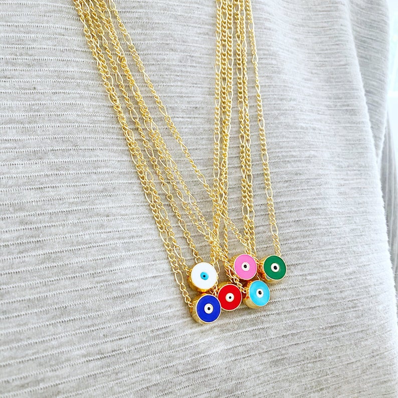 Handmade Evil Eye Necklace featuring a multicolor enamel eye charm on a gold long chain, perfect for gifting.